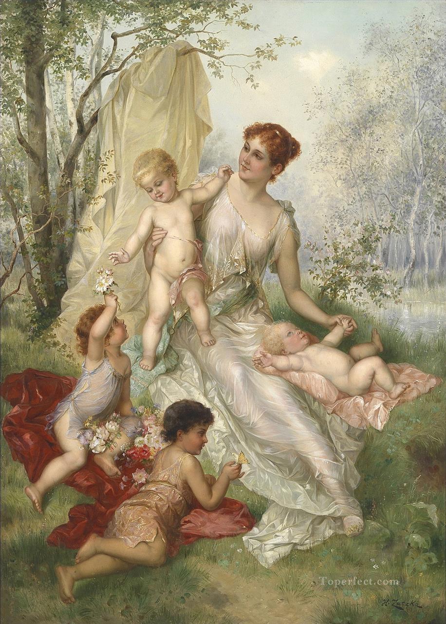 mujer y niños Hans Zatzka flores clásicas Pintura al óleo